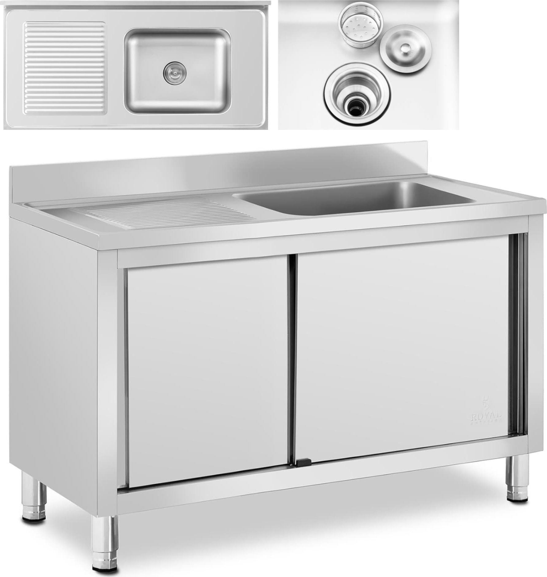 Royal Catering Zlew basen gastronomiczny jednokomorowy z szafką z drzwiami przesuwnymi prawy 120 x 60 x 95 cm