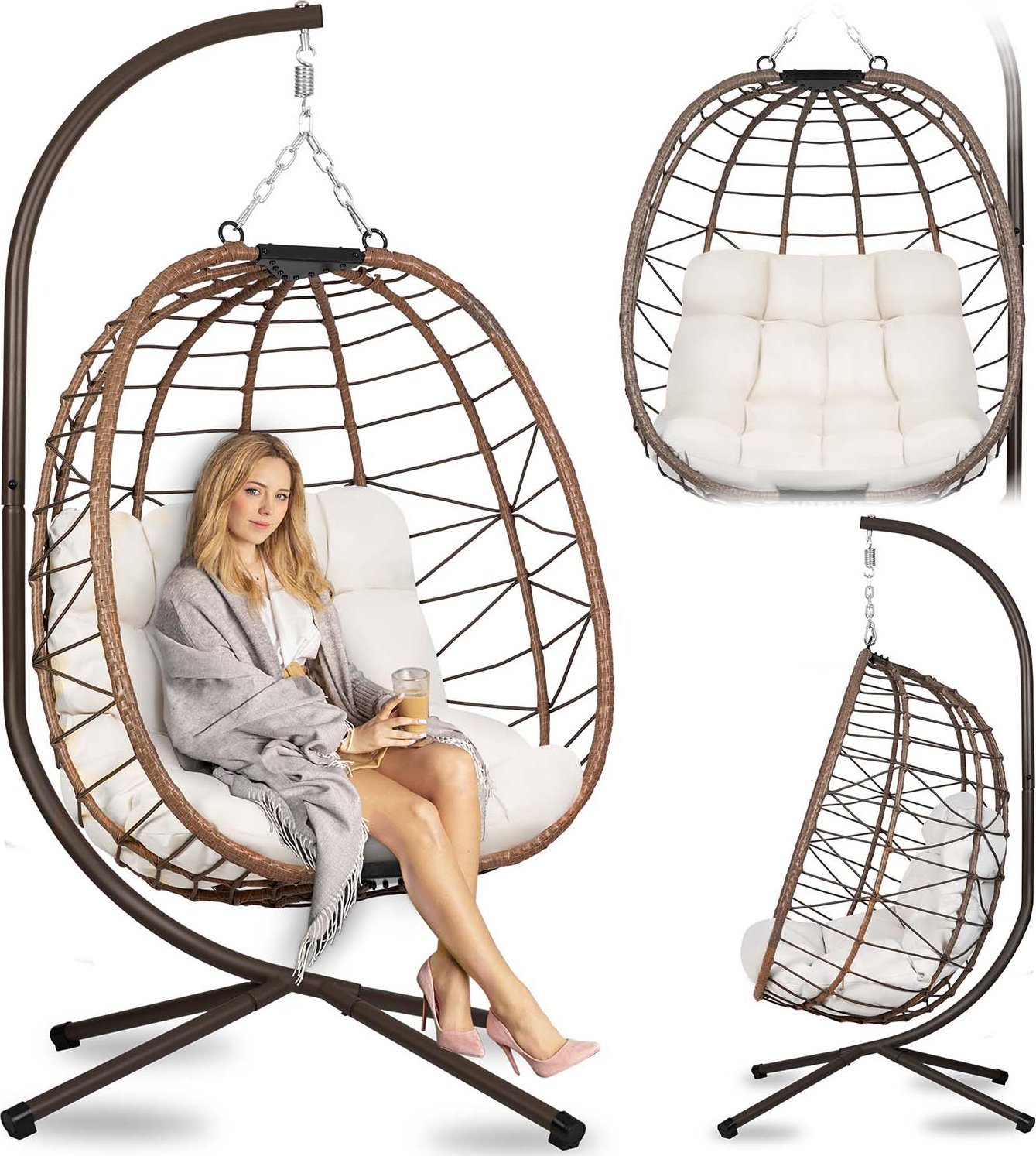 Fotel ogrodowy wiszący Tihuana brązowy + jasno beżowe poduszki Sofotel