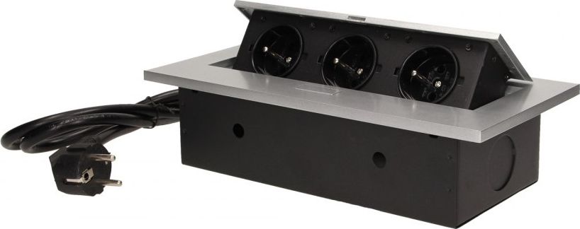 Orno Gniazdo meblowe wpuszczane w blat z grubym rantem 3x2P+Z, przewód 1,5m 3x1,5mm2, srebrne