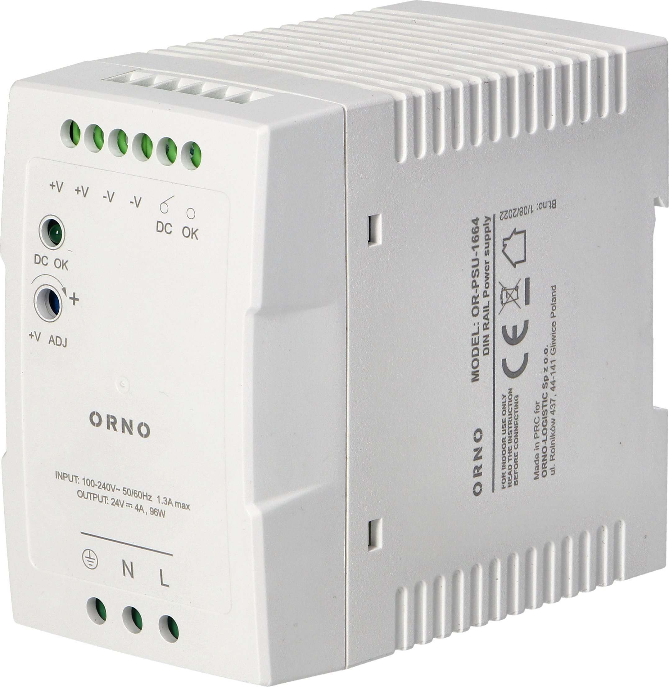 Orno Zasilacz przemysłowy, na szynę DIN, 24VDC, 4A, 96W, w plastikowej obudowie