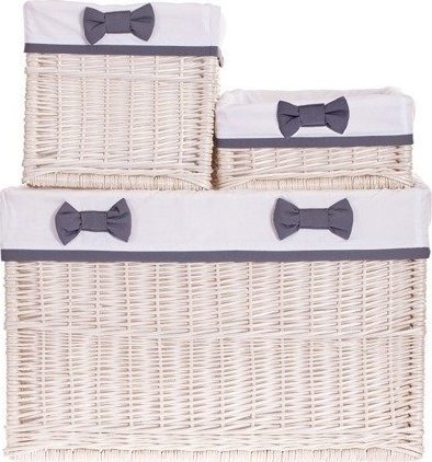 WickerPL Zestaw koszy wybielanych obszytych białą tkaniną i szarą kokardą S 30x30 H15 M 30x30 H30 L 60x40 H40