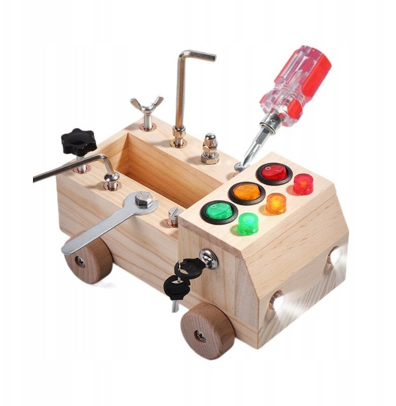 Tablica MONTESSORI Sensoryczna DREWNIANA Manipulacyjna LED SAMOCHODZIK