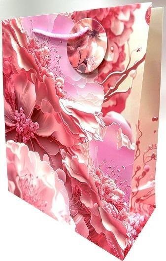 Torebka ozdobna matowa 26x32x12cm różowe kwiaty