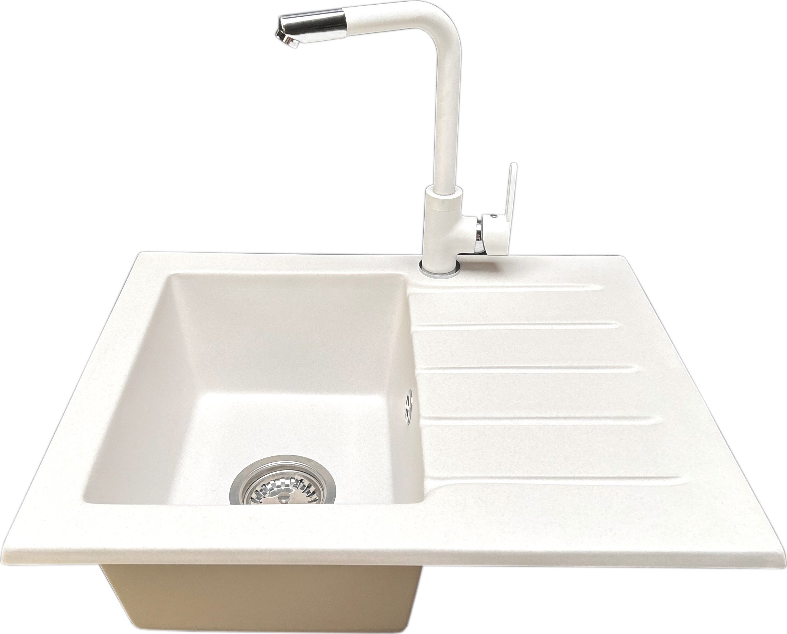 Zlewozmywak PREHNIT Zlewozmywak jednokomorowy z ociekaczem ARAGON biały z prawym ociekaczem + bateria MOVE