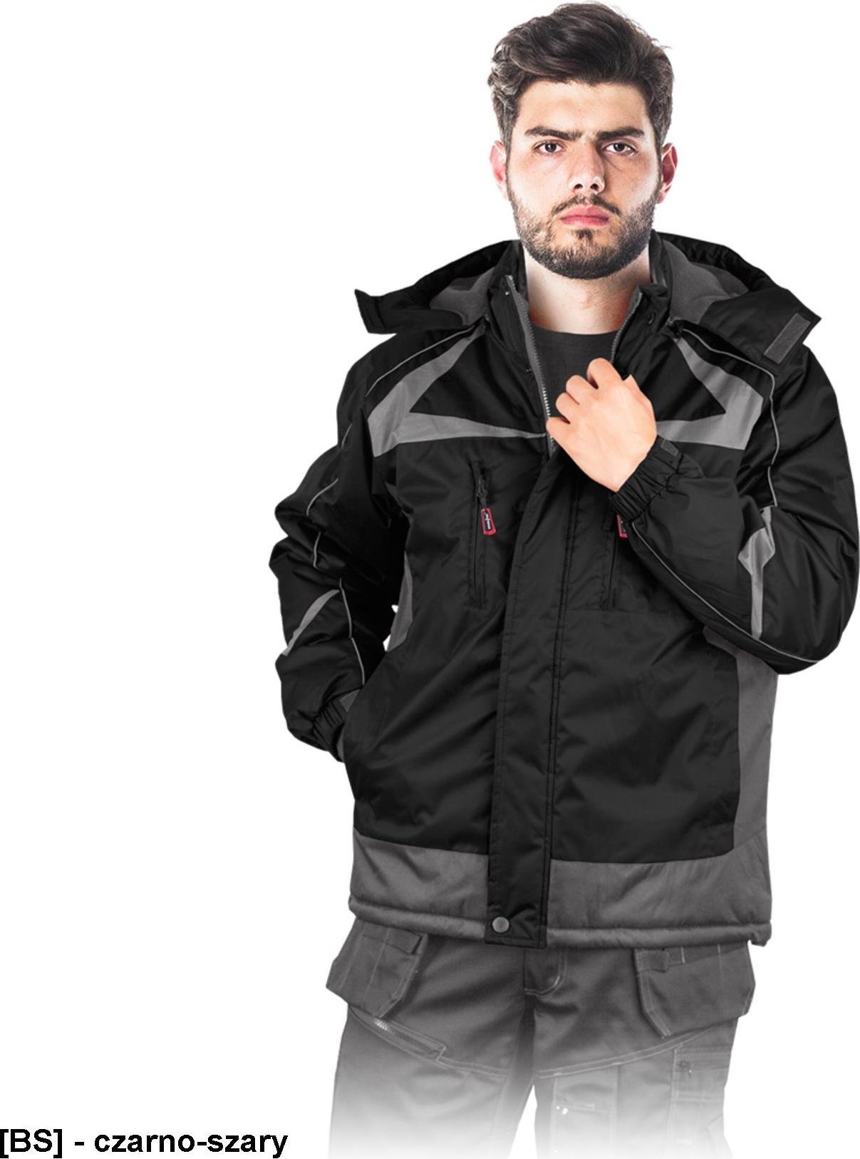 R.E.I.S. ZEALAND - kurtka ocieplana polarem, kołnierz stójka, odpinany kaptur z polarową podszewką - czarno-szary XL