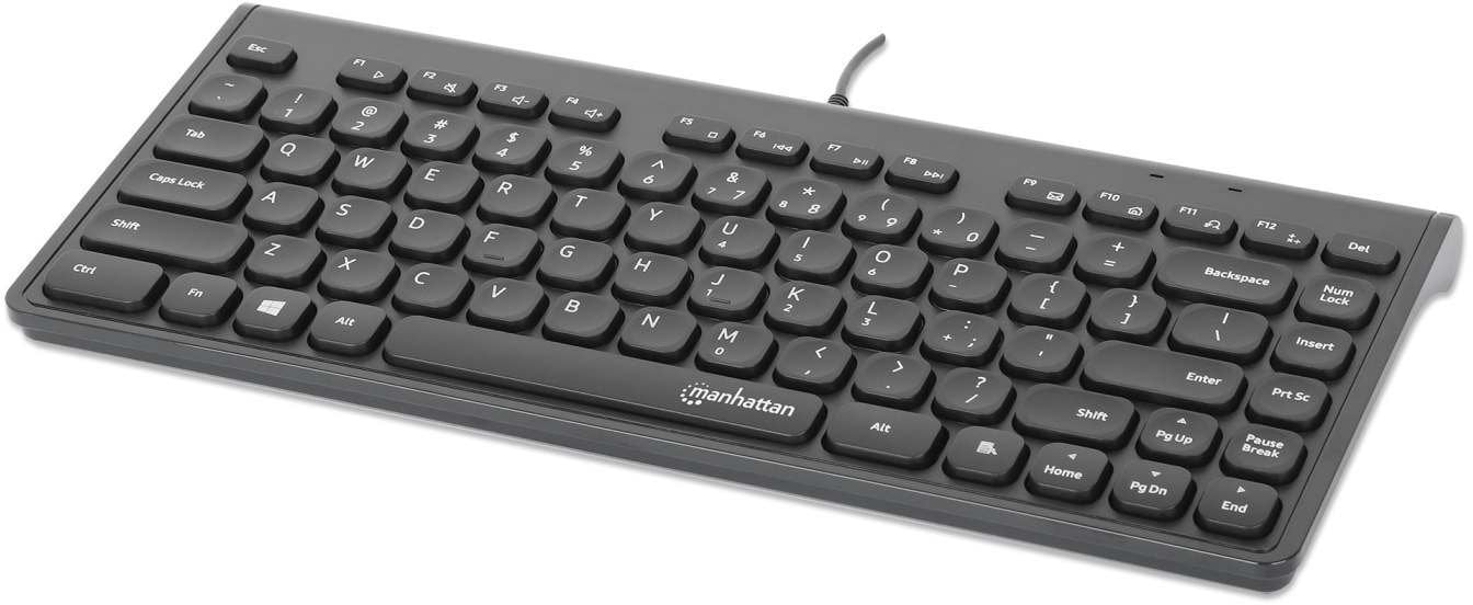 Klawiatura Manhattan MANHATTAN Slim Mini-klawiatura USB 12 przyciski multimedialne/funkcyjne zintegrowany kabel USB-A 1,5 m kompaktowy płaski format c