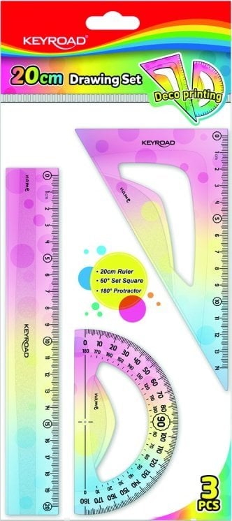 Keyroad Zestaw geometryczny KEYROAD, pastel, z linijką 20cm, 3 szt., zawieszka, mix kolorów