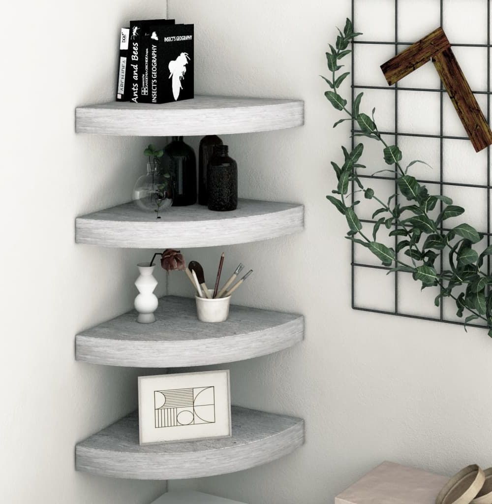 vidaXL Narożne półki ścienne, 4 szt., szarość betonu, 25x25x3,8 cm MDF