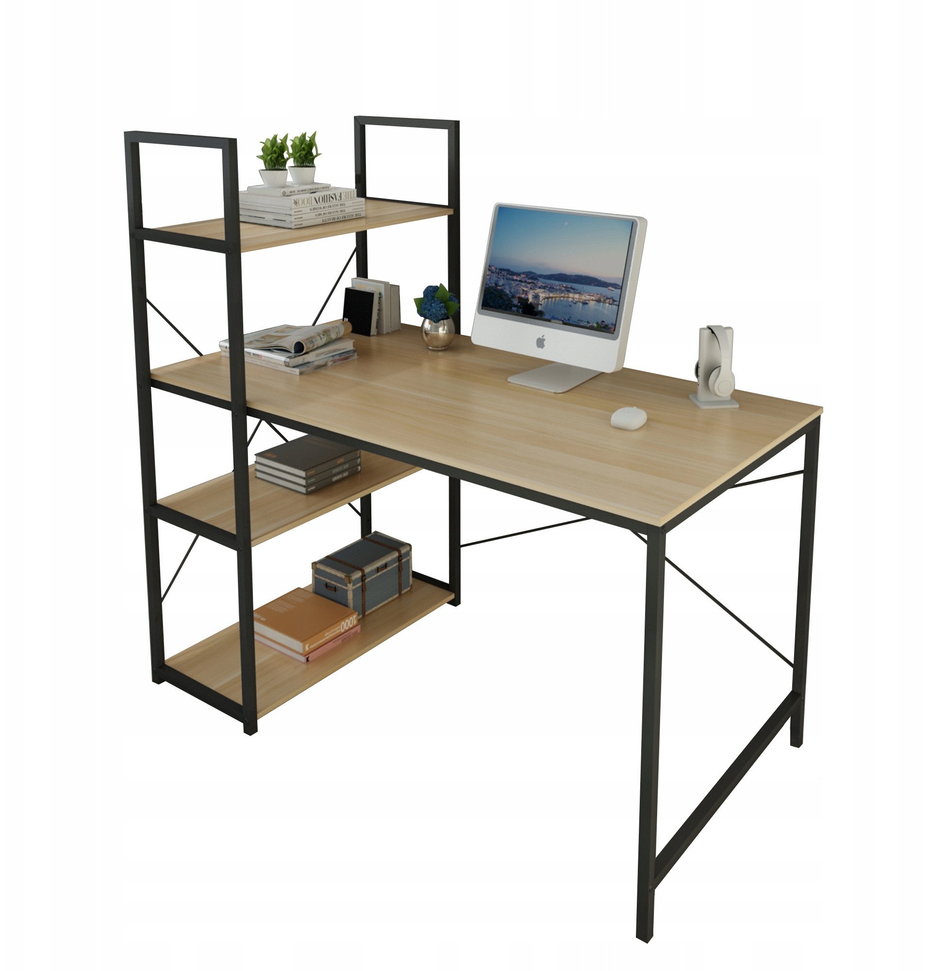 Biurko komputerowe drewniane regał z półkami loft