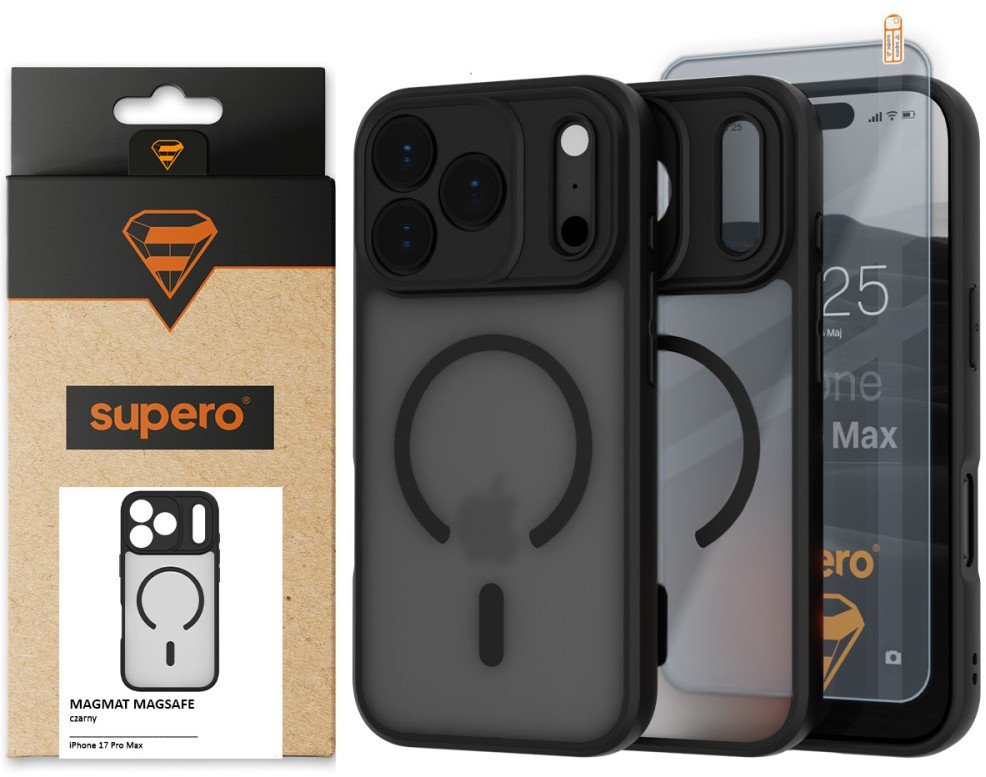 Etui matowe Supero Magmat MagSafe do iPhone 17 Pro Max, czarne + szkło