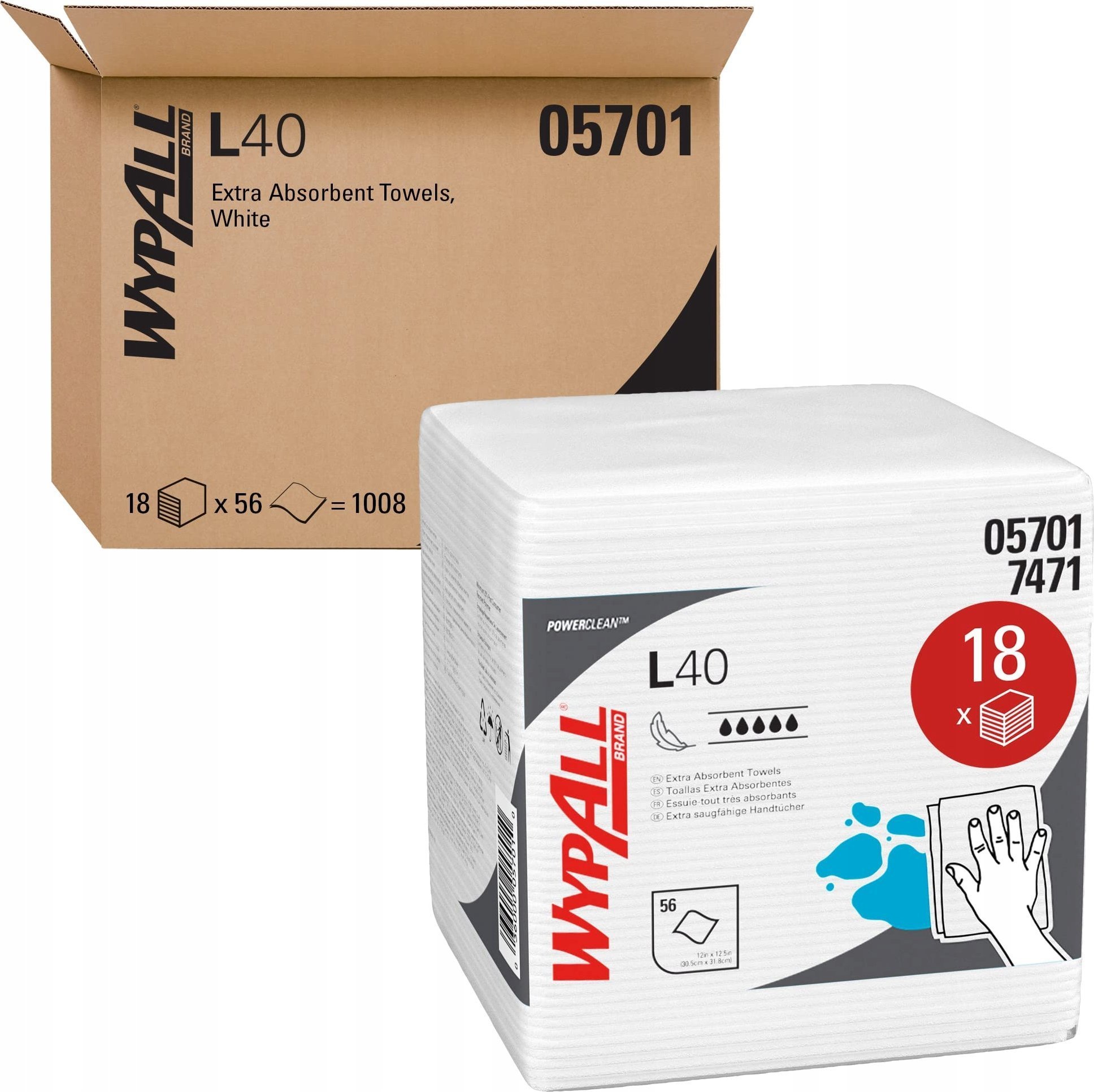 WYPALL Kimberly-Clark L40 PowerClean - Składane na cztery jednorazowe bardzo chłonne ręczniki, białe - 1 opakowanie x 56 odcinków