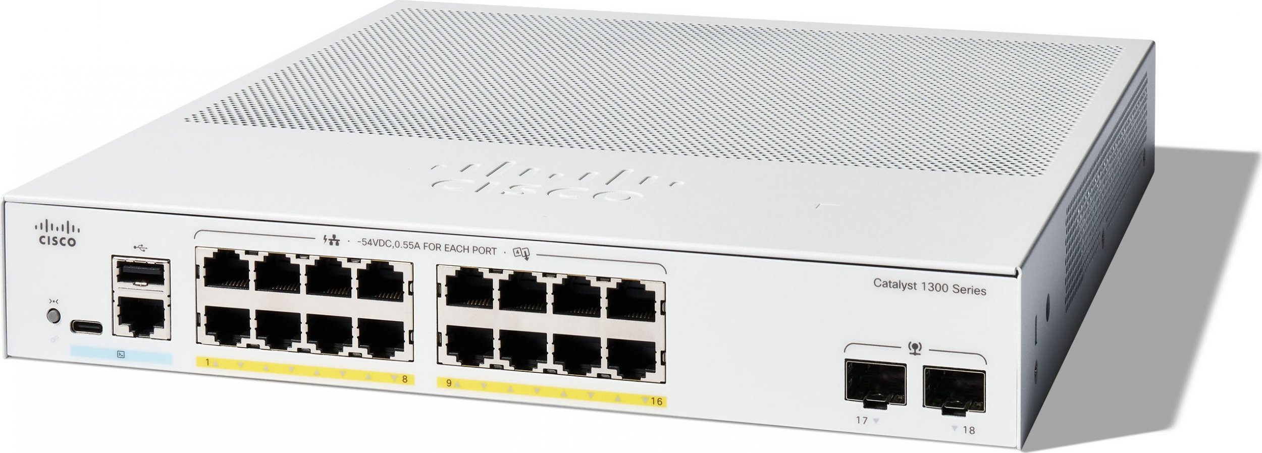 Switch Cisco Cisco Catalyst 1300-16FP-2G - Switch - L3 - managed - 16 x 10/100/1000 (PoE+) + 2 x Gigabit Ethernet SFP - an Rack montierbar - PoE+ (240