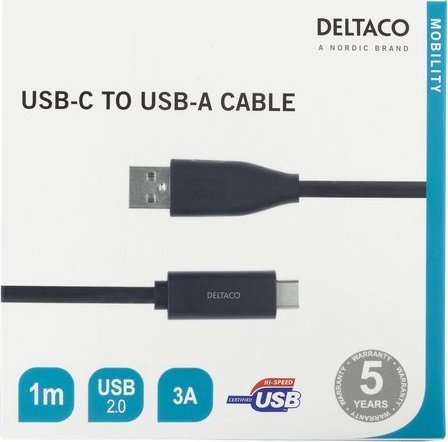 Kabel USB Deltaco USB-A - USB-C 1 m Czarny (USBC-1004M)