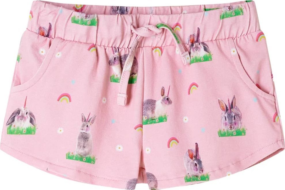 vidaXL Szorty dziecięce, ściągane na sznurek, w króliki, jasnoróżowe, 140