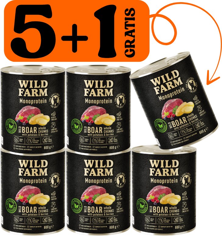 WILD FARM Monoprotein Wild Boar 5x800g + 800g GRATIS hipoalergiczna karma dla psa