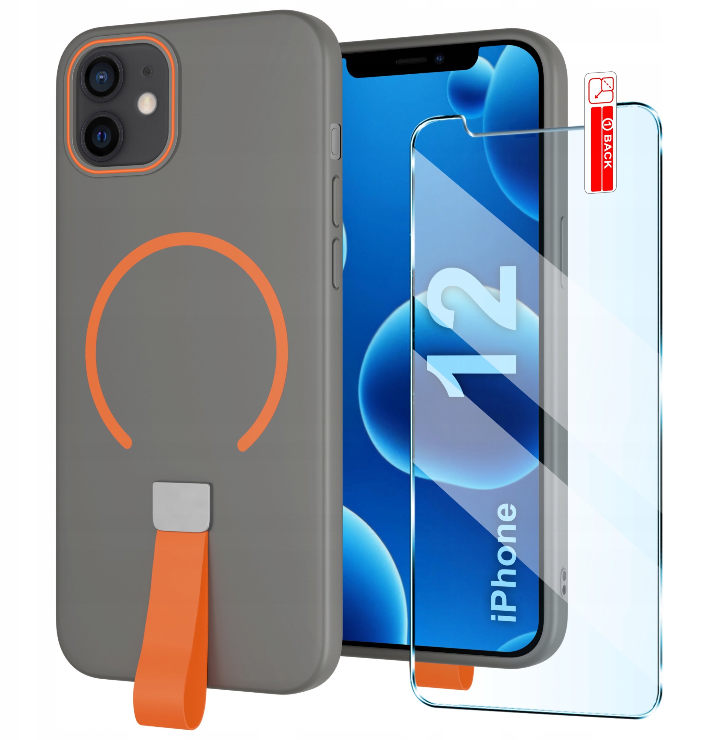 Etui z Paskiem na palec Matowe SZARE do iPhone 12 |do MagSafe +Szkło