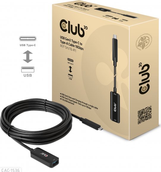 Kabel USB Club 3D USB-A - USB-C 5 m Czarny (CAC-1536)