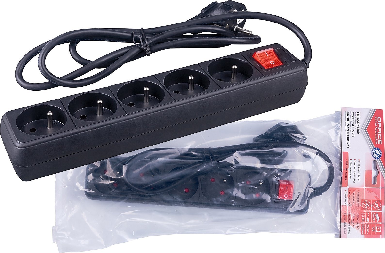 Office Products Przedłużacz OFFICE PRODUCTS, 5 gniazd, 1,5m, z uziemieniem i wyłącznikiem, czarny