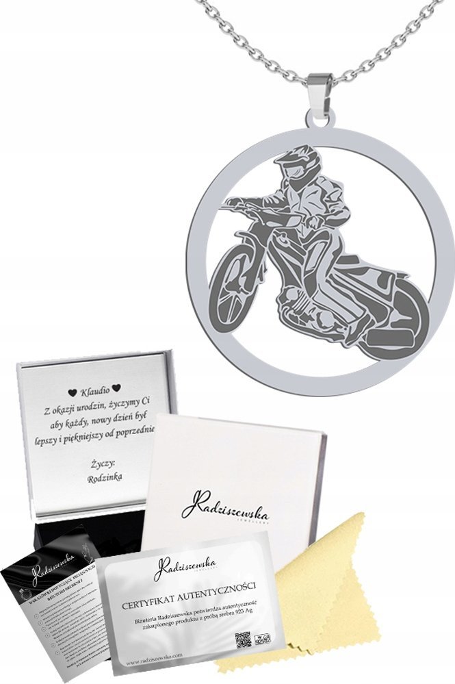 Radziszewska Jewellery Naszyjnik Srebrny SPEEDWAY Żużel 925 Łańcuszek Prezent GRAWER GRATIS