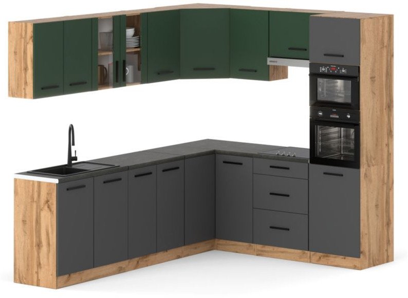 Kuchnia 4.6m Marra Narożna Modułowa Blat Duża Wotan Butelkowa Zieleń Szara
