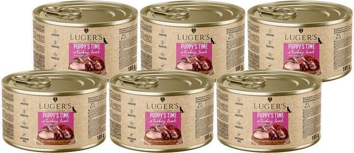 Karma mokra dla psa szczeniaka Luger's Puppy's Time z indykiem, jagnięciną i żurawiną zestaw 6 x 185 g