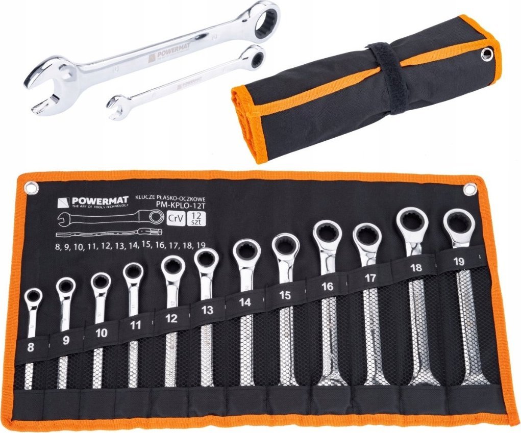 Powermat ZESTAW KLUCZE PŁASKO OCZKOWE Z GRZECHOTKĄ 8-19 12 Elementów