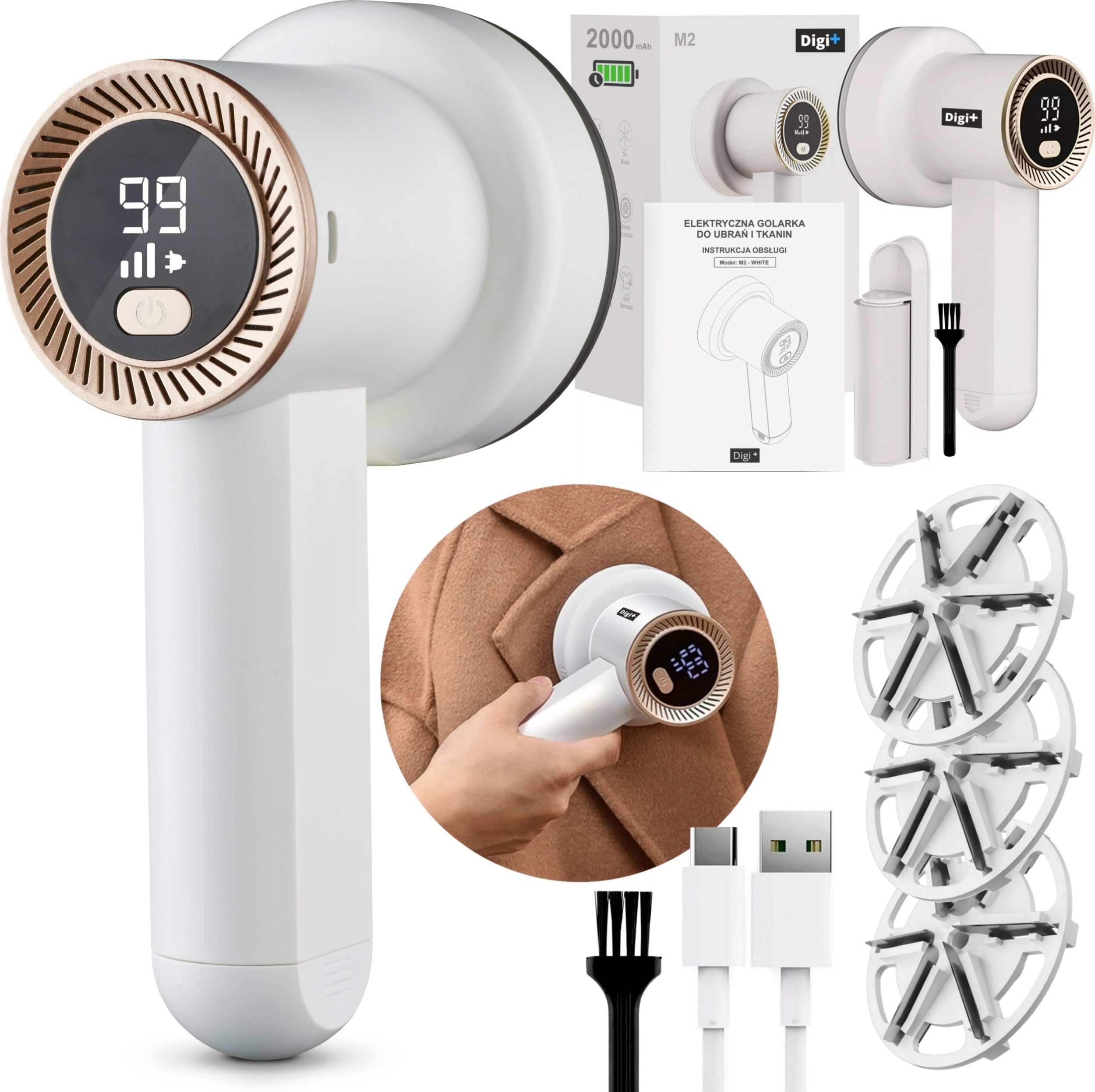 GOLARKA DO UBRAŃ TKANIN TAPICERKI MOCNA AKUMULATOROWA USB 2000mAh+ 3 ostrza