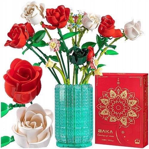 Klocki Konstrukcyjne Bukiet Róże w Wazonie Białe Czerwone 1022 el.