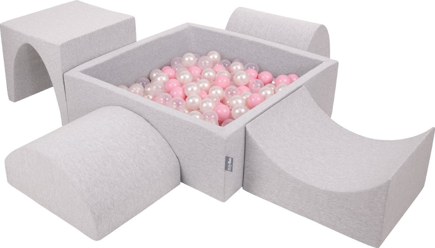 KiddyMoon Piankowy plac zabaw PPZP-KW30D-135 z piłeczkami jasnoszary: pudrowy róż-perła-transparent basen 300/górka/tunel/rampa L/półwałek L Zabawka p
