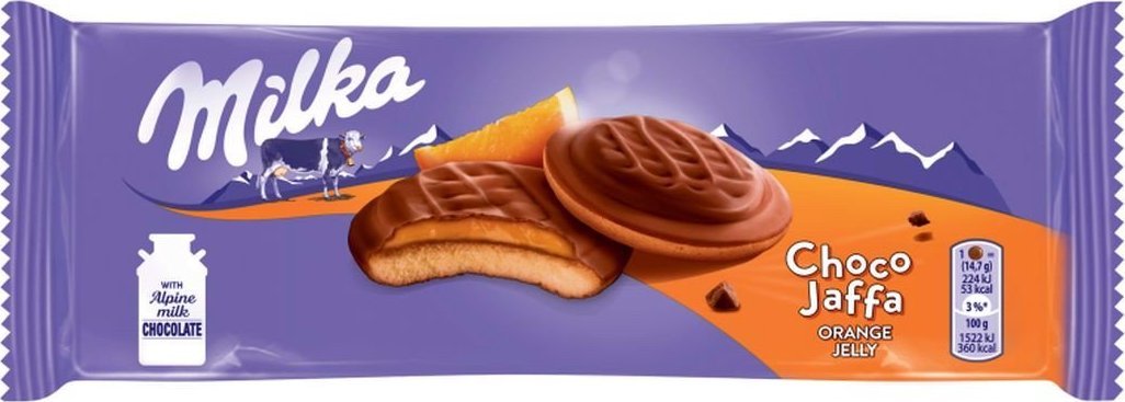 Milka Choco Jaffa Biszkopty z galaretką o smaku pomarańczowym oblewane czekoladą mleczną 147 g