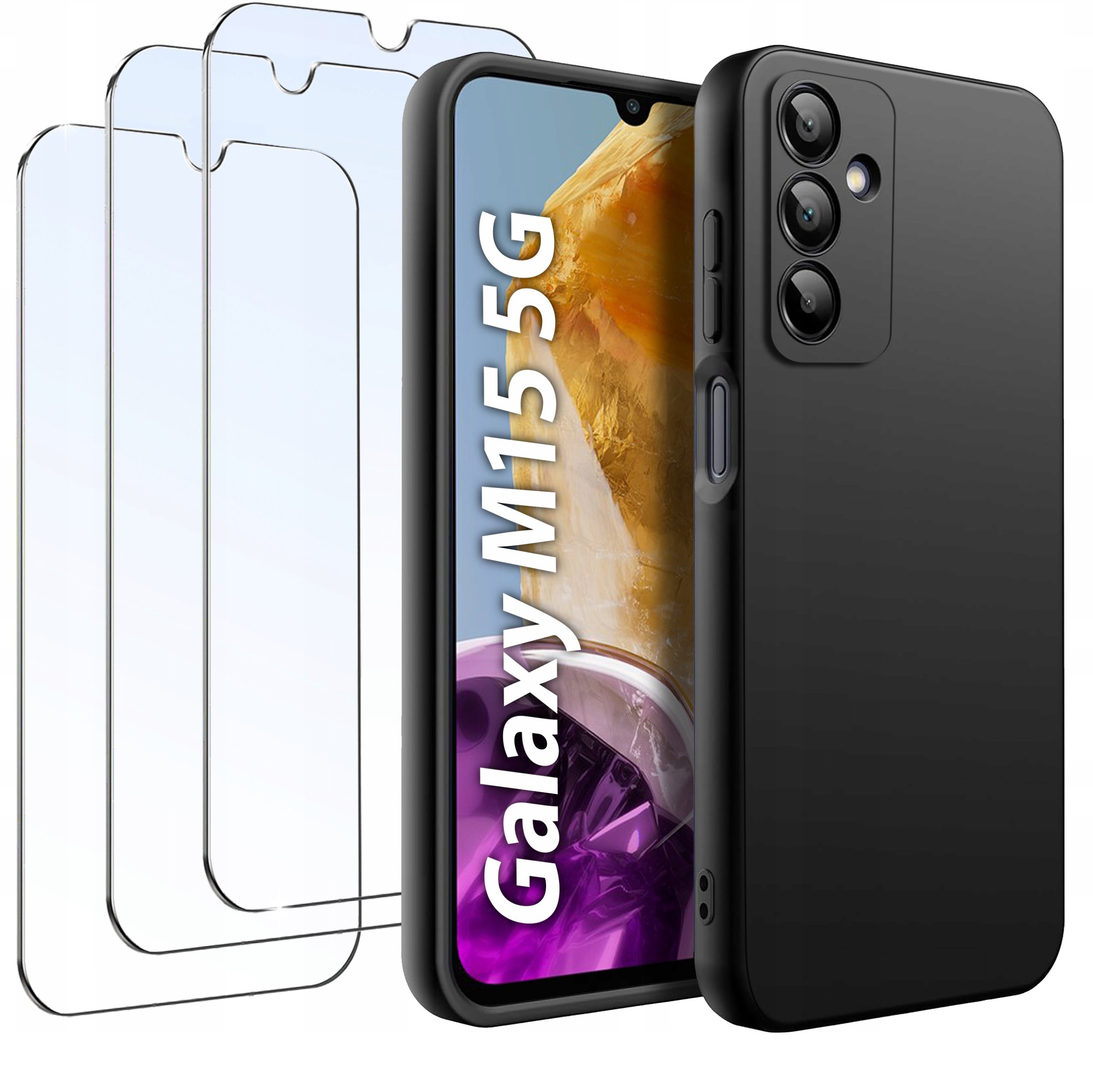 krainaGSM ZESTAW Etui do Samsung M15 5G Matowy Czarny Silikon Slim + 3 SZTUKI SZKŁO