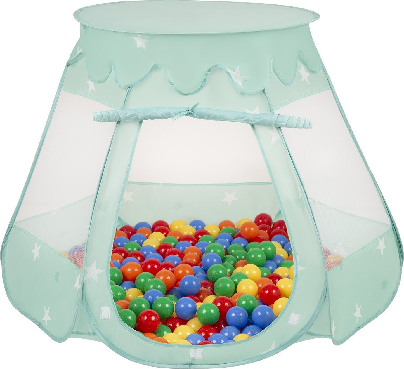 Selonis Namiot zamek NZ-100X z piłeczkami 6cm miętowy: żółty-zielony-niebieski-czerwony-pomarańcz 105x90cm/200piłek Zabawka namiot dla dzieci