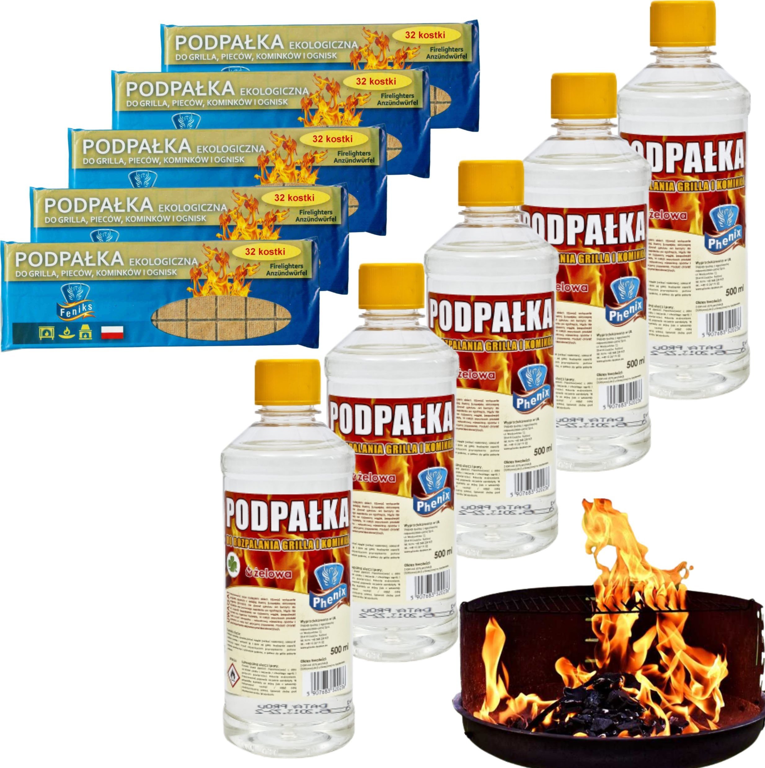 Feniks 5x Podpałka żelowa 0,5l + kostki do rozpalania grilla Komplet