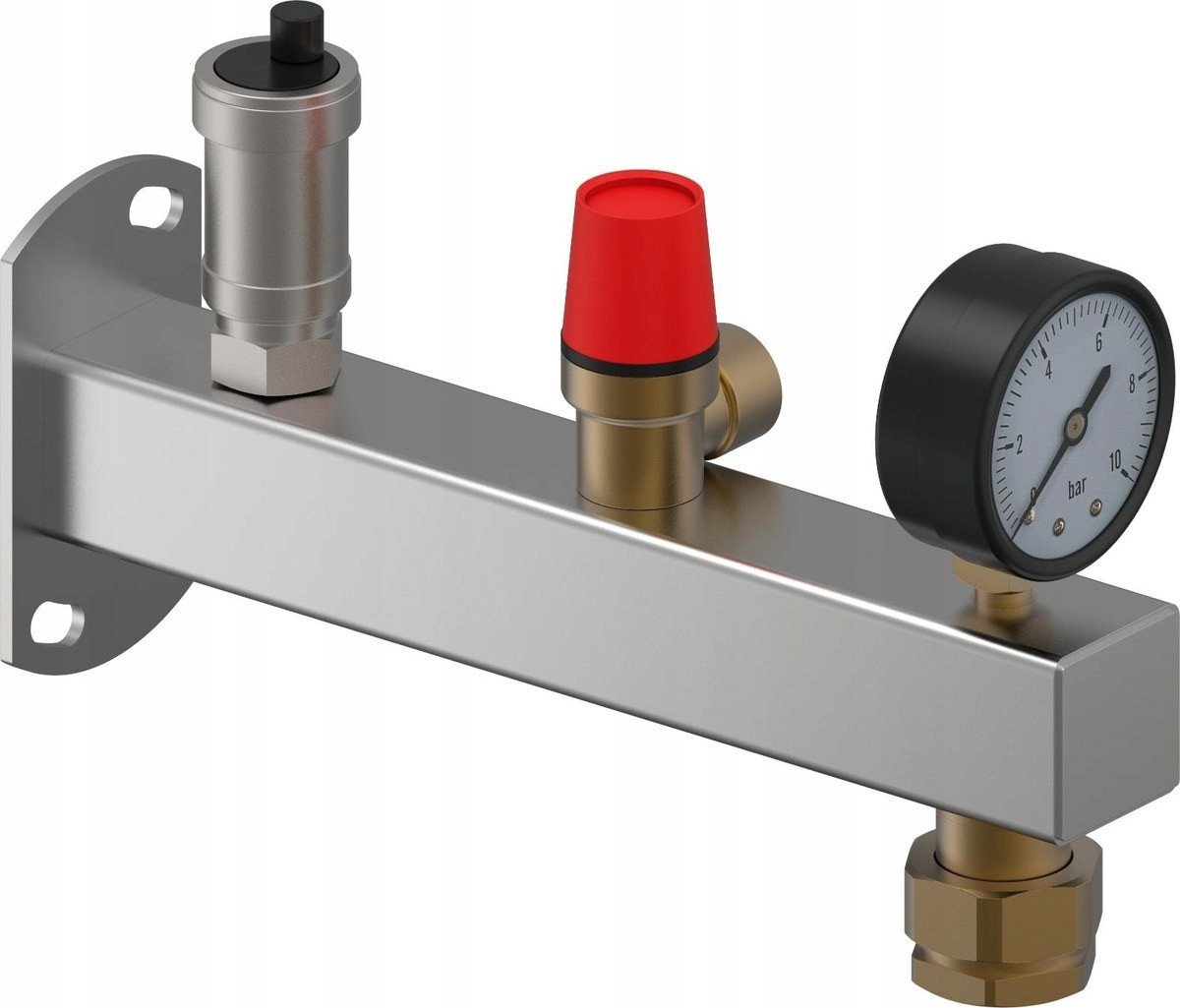 Grupa bezpieczeństwa 6 bar INOX z przyłączem do zbiornika z manometrem, zaworem bezpieczeństwa i automatycznym odpowietrznikiem C.W.U.