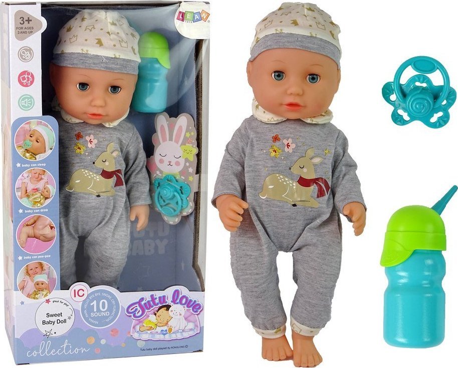 LeanToys Lalka Bobas Siusia Dźwięk Smoczek Butelka Szara Piżama