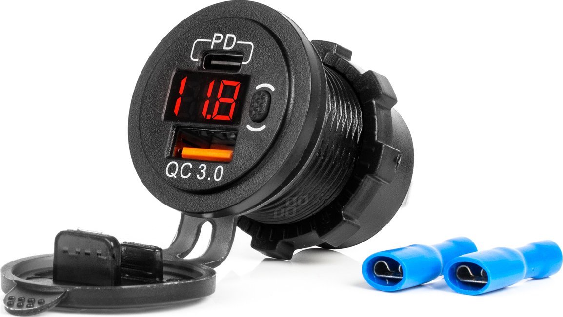 Ładowarka AMiO Ładowarka samochodowa z gniazdami usb i testerem napięcia wodoodporna z włącznikiem usb + usb c qc3.0 12/24v amio-04222