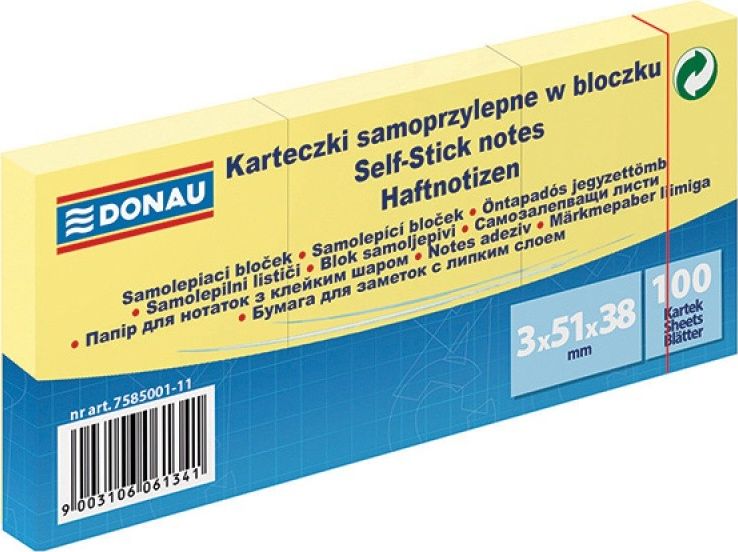 Donau Bloczek samoprzylepny DONAU, 38x51mm, 1x100 kart., jasnożółty