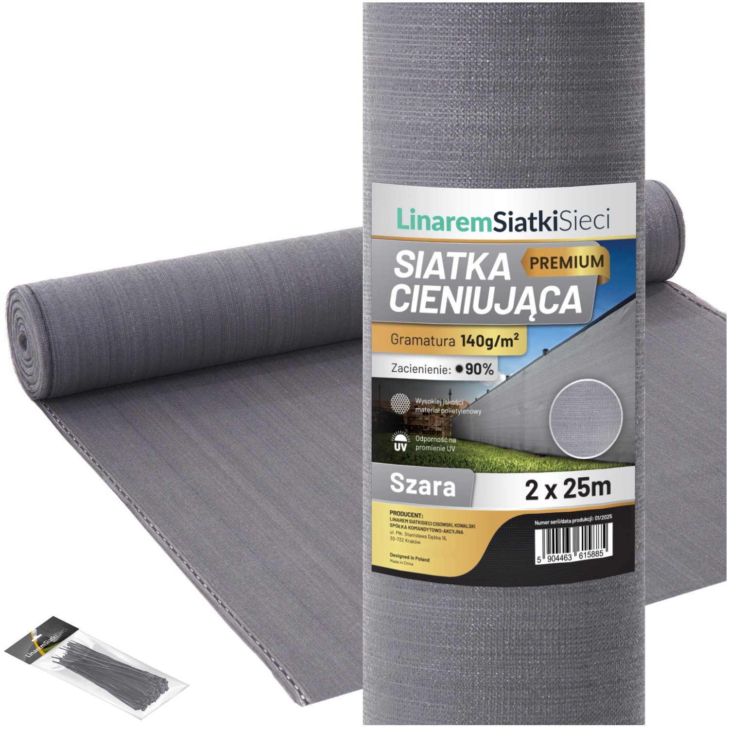 SIATKA CIENIUJĄCA 90% MASKUJĄCA 2x25m OSŁONA NA PŁOT OGRODZENIE SZARA +UV