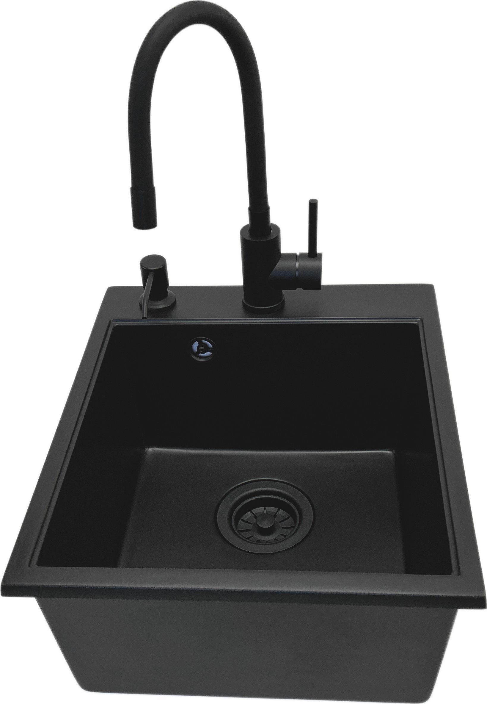 Zlewozmywak PREHNIT Zlewozmywak jednokomorowy COBALT czarny + bateria MAGGIE + dozownik czarny