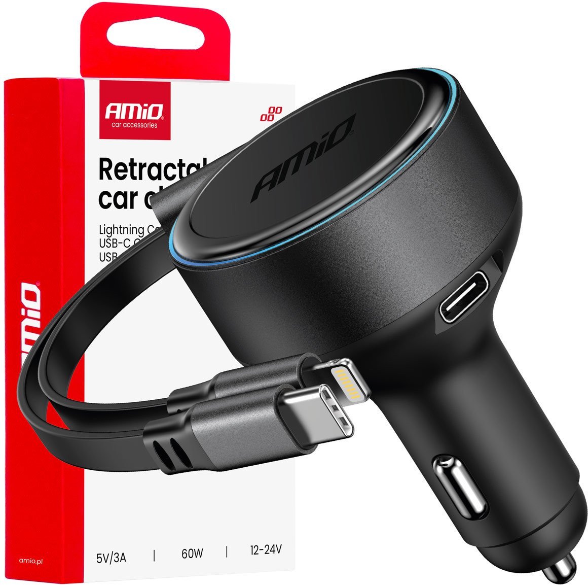 Ładowarka samochodowa ze zwijanym kablem typ c + lightning iphone + usb-c 12v 24v 60w amio-04370