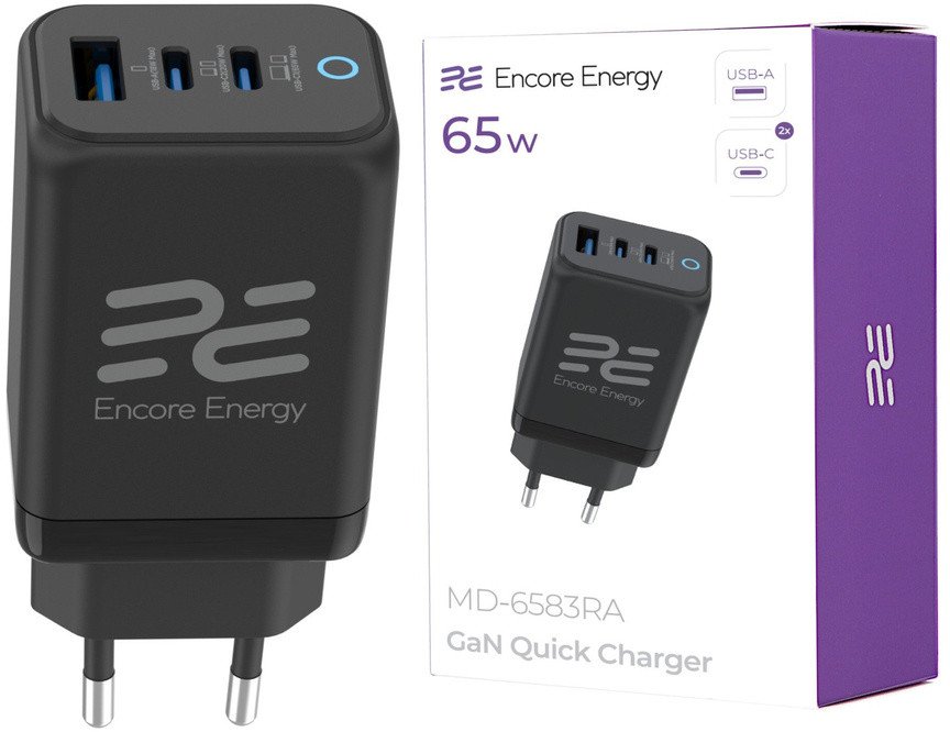 ładowarka sieciowa GaN 65W USB-A + 2x USB-C QC PPS PD Encore Energy MD-6583RA