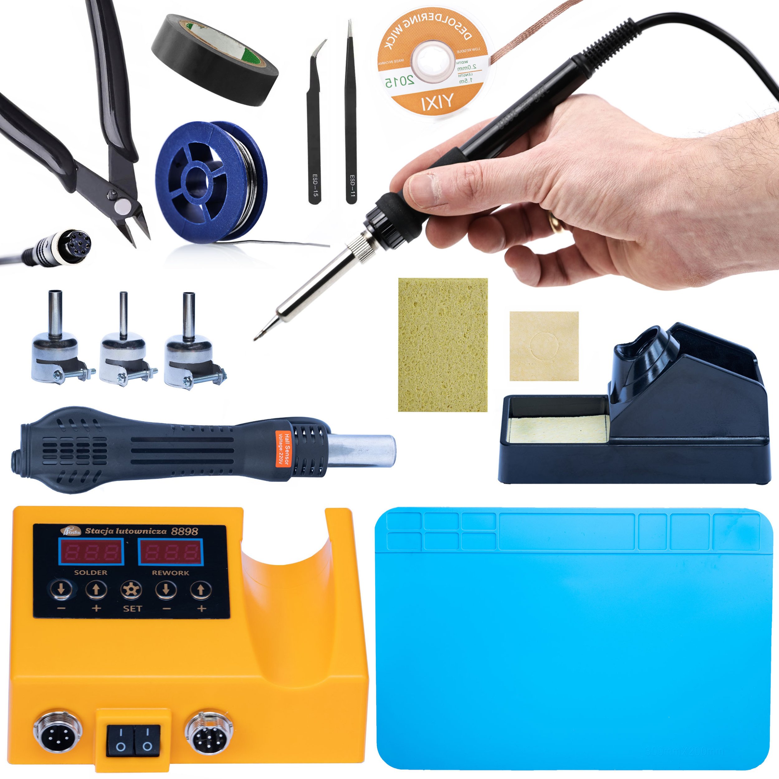 STACJA LUTOWNICZA 2W1 LUTOWNICA HOT-AIR + CYNA PLECIONKA MATA PĘSETY TAŚMA