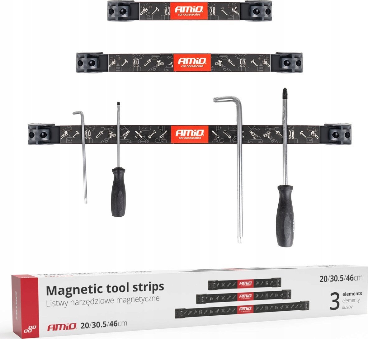 Uchwyty listwy magnetyczne na narzędzia 1x20cm 1x30,5cm 1x46cm zestaw amio-04263