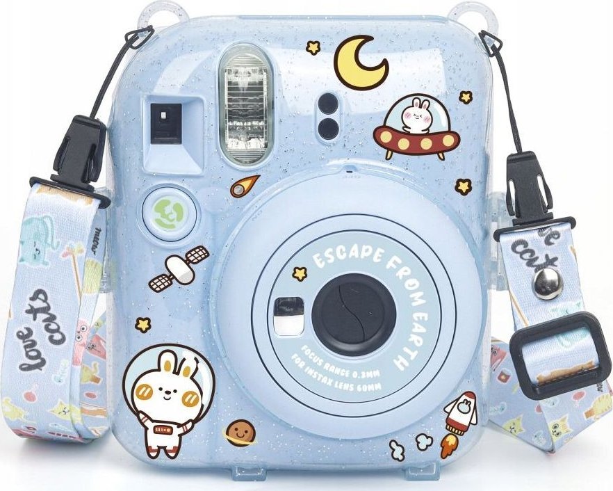 Pokrowiec LoveInstant Futerał Etui Pokrowiec Case do FujiFilm Fuji INSTAX Mini 12 + Naklejki i Kieszeń na Zdjęcia / Escape from Earth / Niebieski Brok