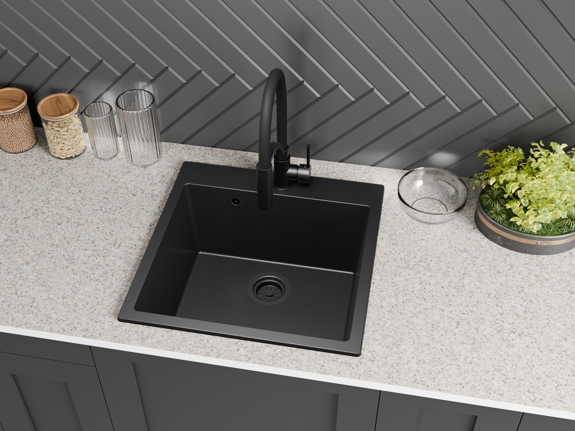 Zlewozmywak jednokomorowy FORTINA czarny + bateria LAURA czarna