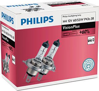 Philips ŻARÓWKA H4 12V/60/55W P43T-38 +60% PHILIPS VISIONPLUS 2SZT
