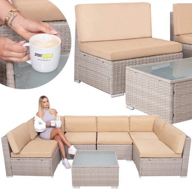 Meble ogrodowe zestaw modułowy technorattan stolik kawowy i 6 modułów beżowy UNIWERSALNY