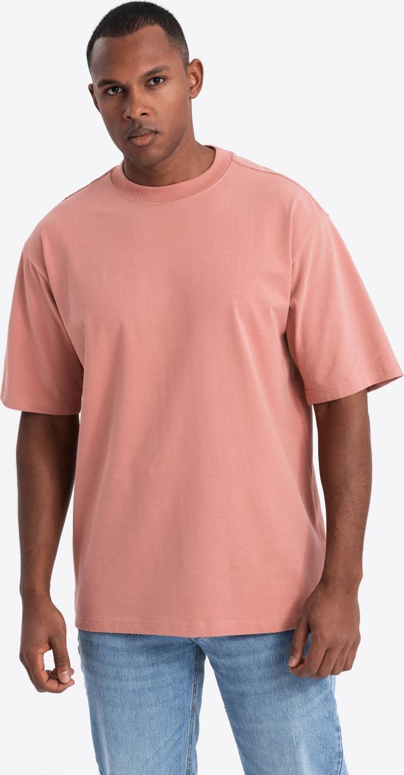 Bawełniany t-shirt męski LOOSE FIT z okrągłym dekoltem różowy V5 OM-TSBC-0234 M