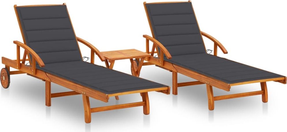 vidaXL Leżaki z poduszkami i stolikiem lite drewno akacjowe 2 szt.