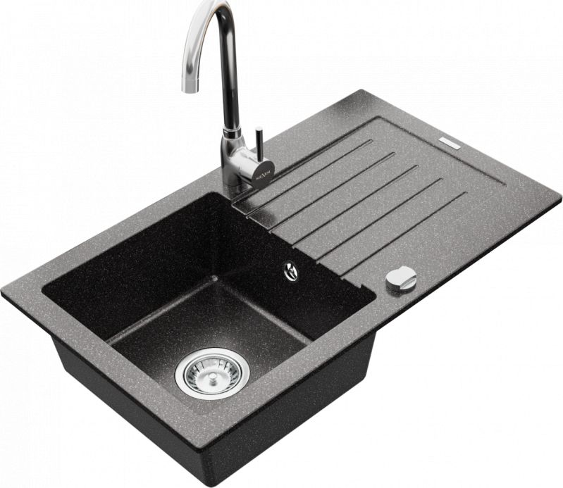 Zlewozmywak Mexen Pablo granitowy 1-komorowy z ociekaczem i baterią kuchenną Telma, czarny nakrapiany - 6510-76-670200-00